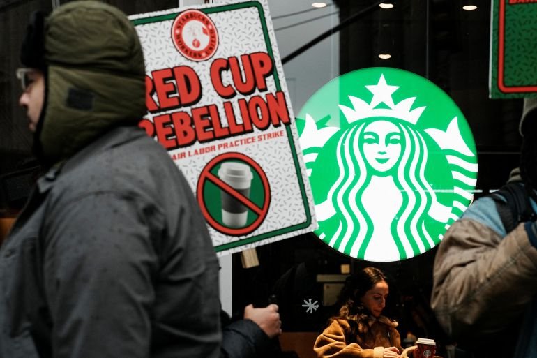 Unionised Starbucks workers begin ‘open-ended’ US strike