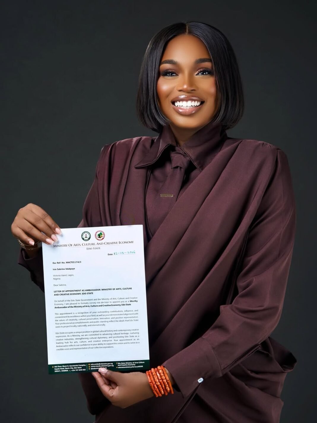 Sabrina Idukpaye Steps Into New Role as Edo State Arts Ambassador in a Striking Brown Co-ord