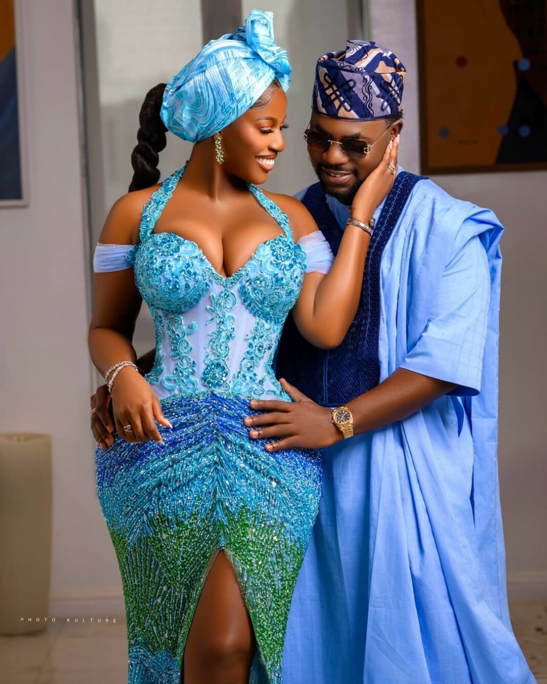 Hilda Baci & Damilola Akinwunmi Arrive in Perfectly Coordinated Blues at Simi Sanya’s Traditional Wedding